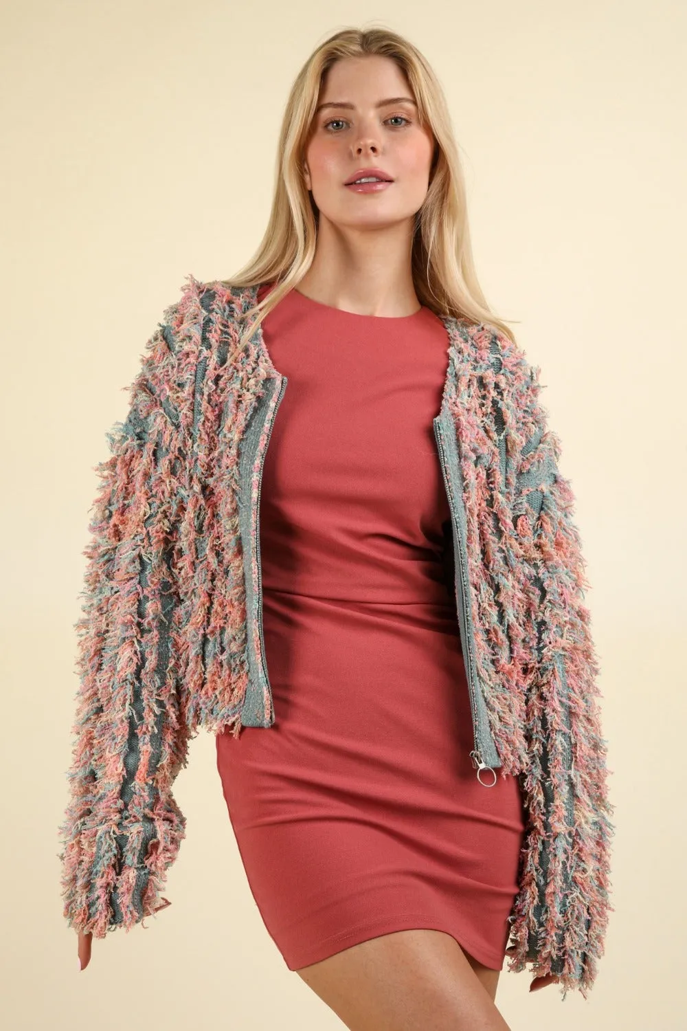 Bonnie Green Multi-Colored Shaggy Yarn Knit Zip Up Jacket