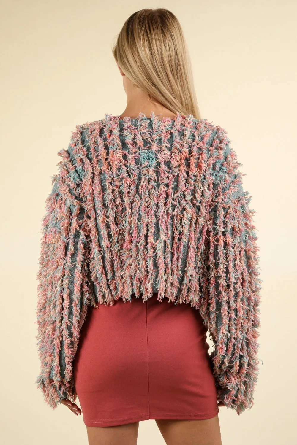 Bonnie Green Multi-Colored Shaggy Yarn Knit Zip Up Jacket