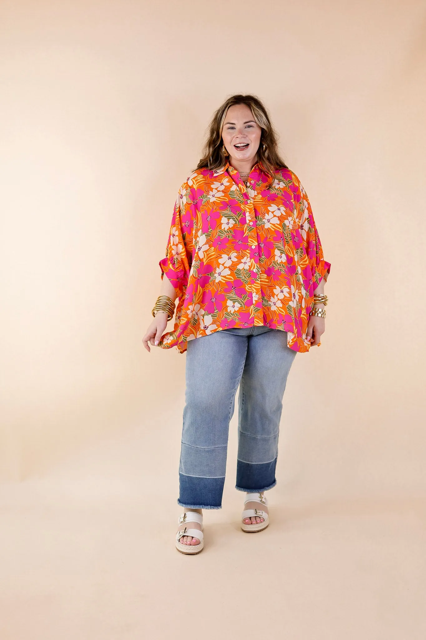 Bright Lifestyle Button Up Half Sleeve Floral Poncho Top in Orange Mix