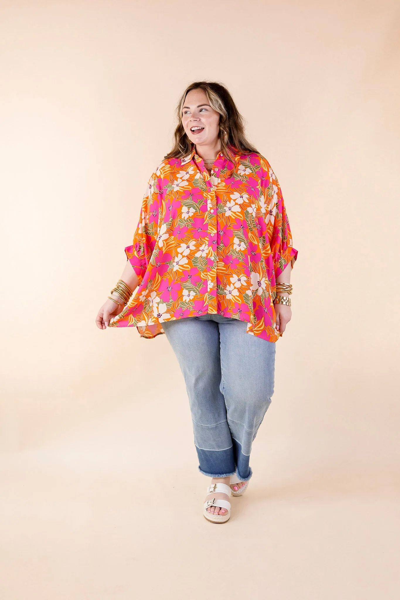 Bright Lifestyle Button Up Half Sleeve Floral Poncho Top in Orange Mix