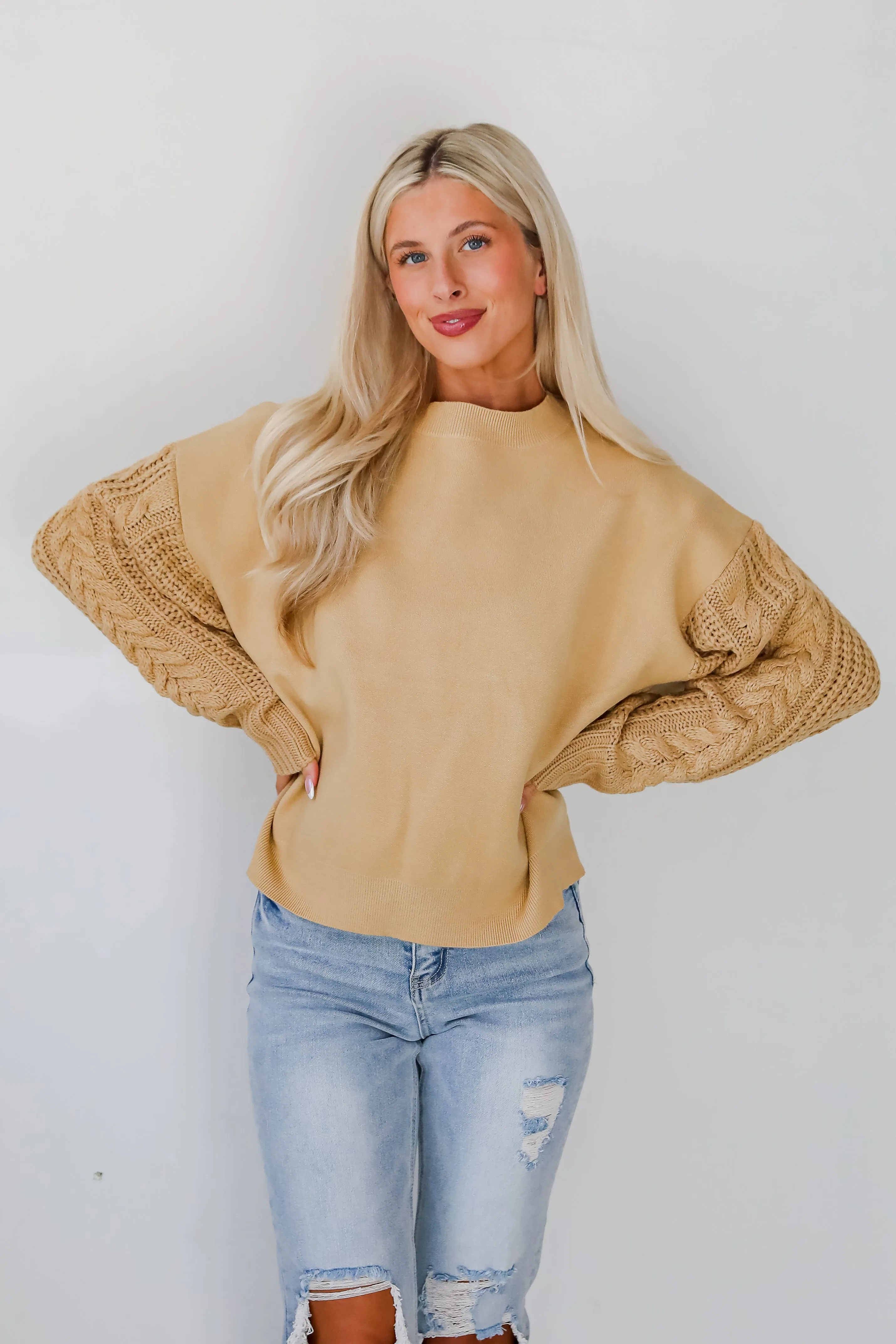 Cabin Cues Taupe Cable Knit Sleeve Sweater