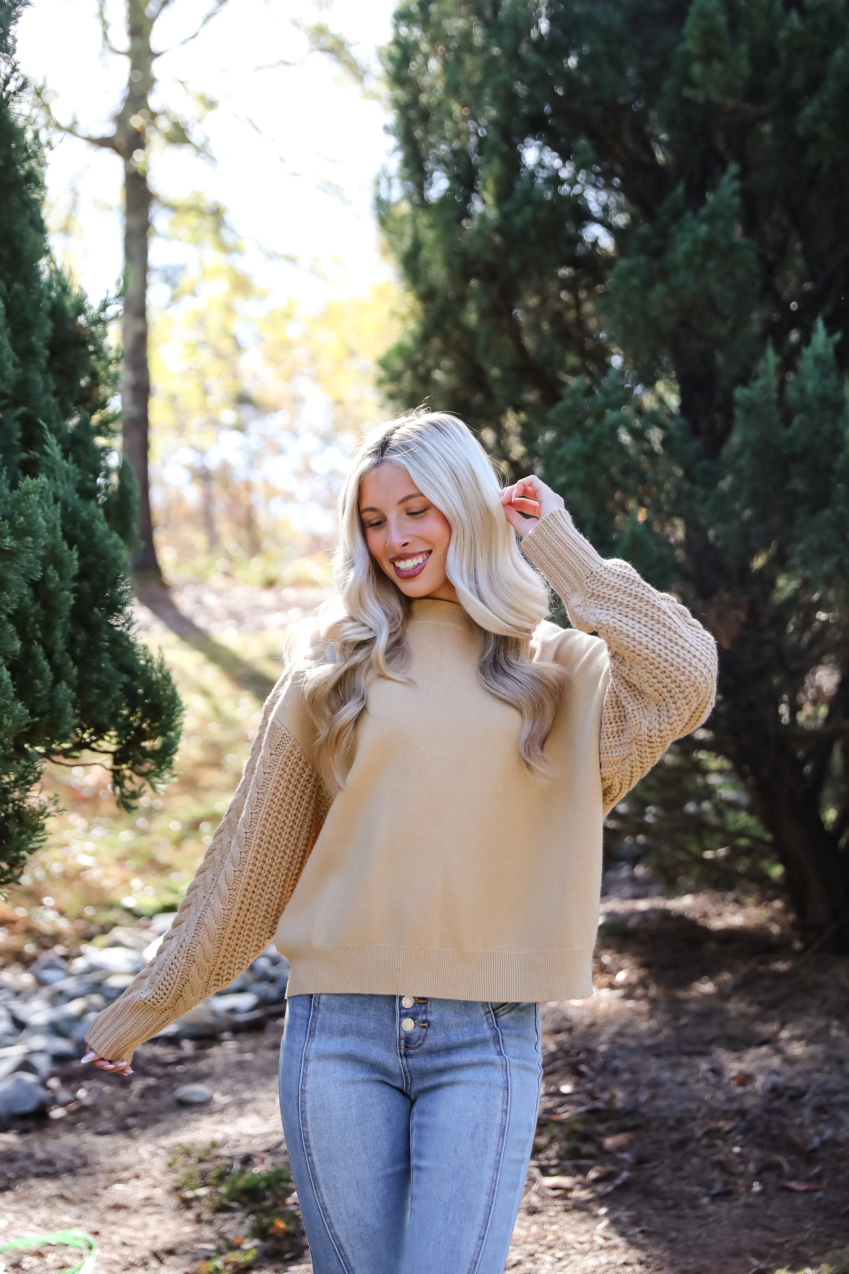 Cabin Cues Taupe Cable Knit Sleeve Sweater