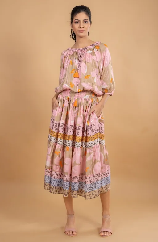 Camel Flowered Shirred Waist Dress Beaded