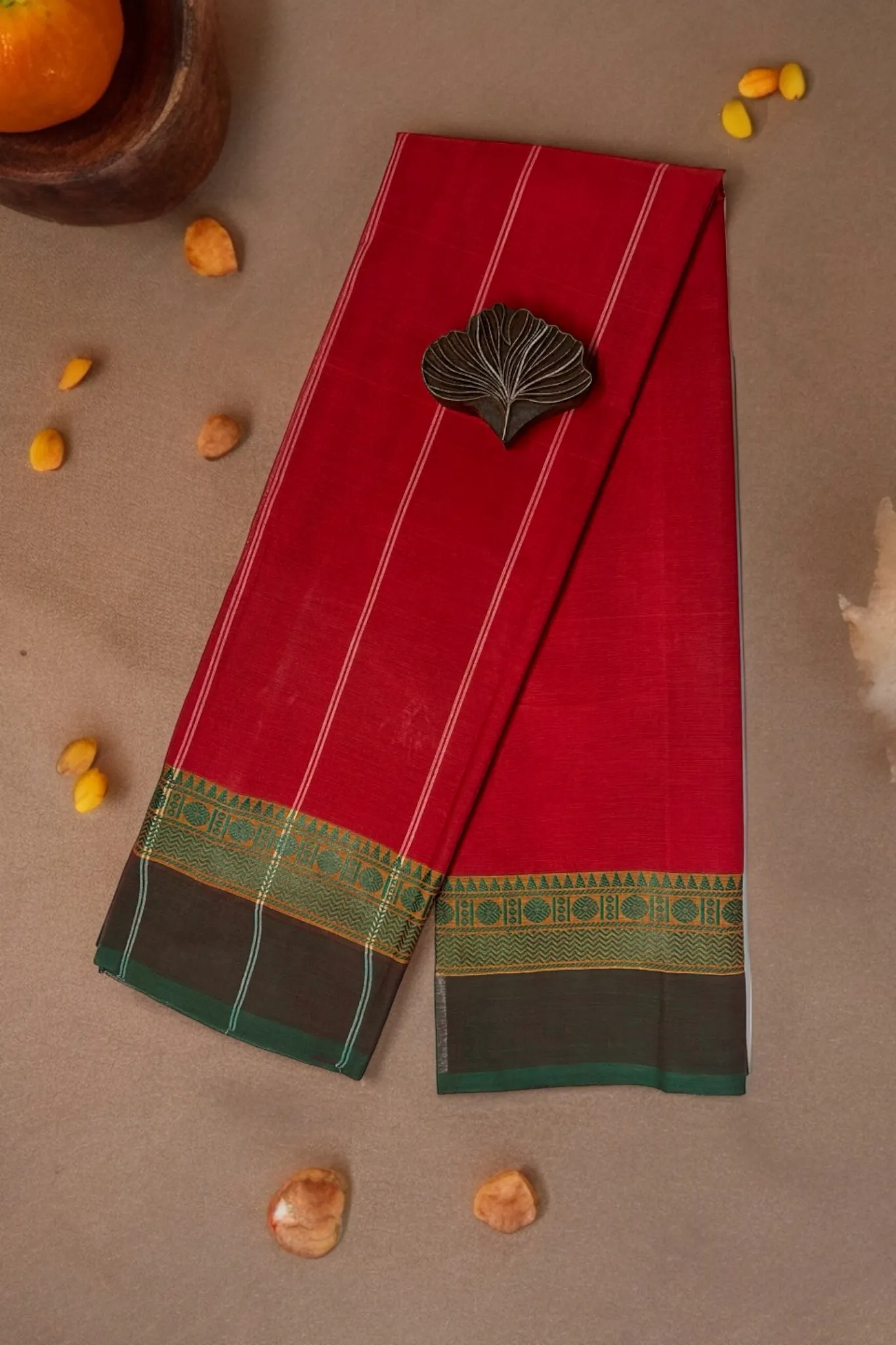 chettinad cotton saree - earthy red & green border