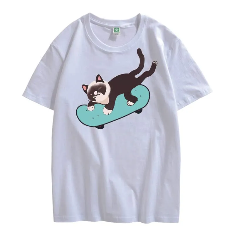 CORIRESHA Unisex Cat Lovers Casual Crewneck Short Sleeve Cozy Skateboard T-Shirt