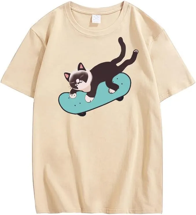 CORIRESHA Unisex Cat Lovers Casual Crewneck Short Sleeve Cozy Skateboard T-Shirt