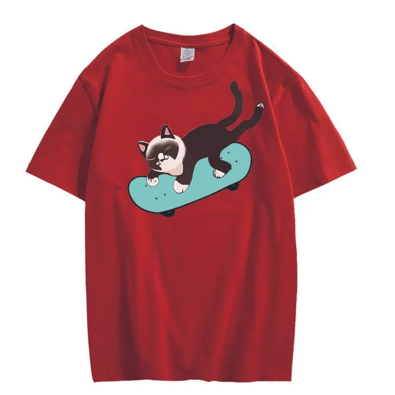 CORIRESHA Unisex Cat Lovers Casual Crewneck Short Sleeve Cozy Skateboard T-Shirt