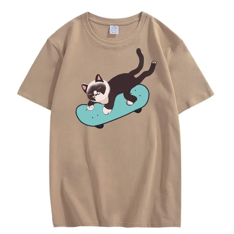 CORIRESHA Unisex Cat Lovers Casual Crewneck Short Sleeve Cozy Skateboard T-Shirt