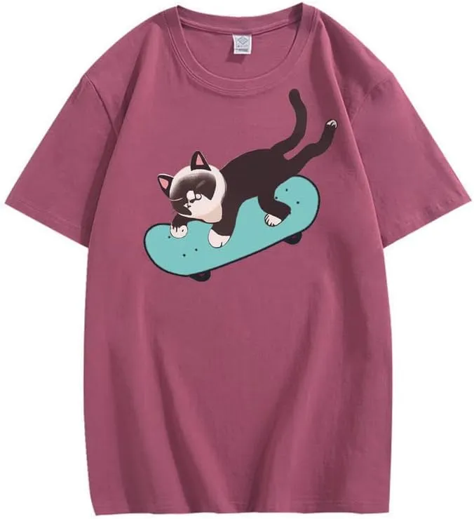 CORIRESHA Unisex Cat Lovers Casual Crewneck Short Sleeve Cozy Skateboard T-Shirt