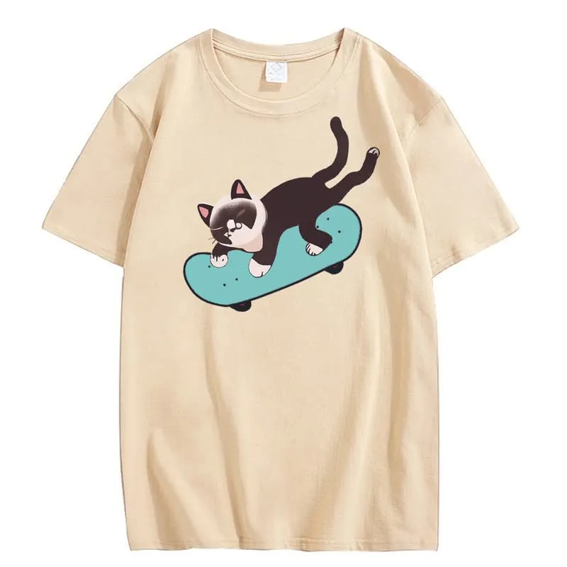 CORIRESHA Unisex Cat Lovers Casual Crewneck Short Sleeve Cozy Skateboard T-Shirt