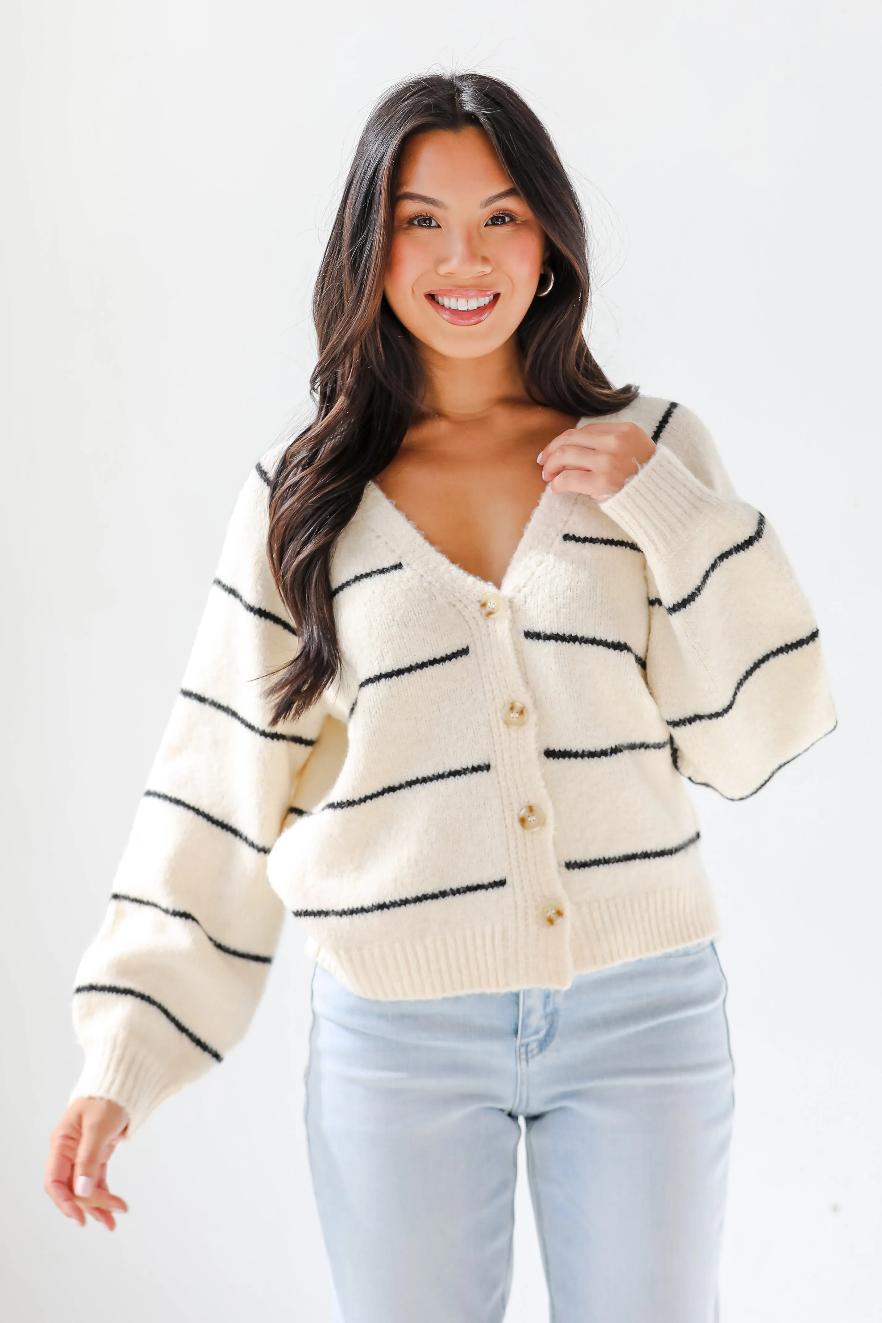 Effortlessly Lavish Cream Striped Sweater Cardigan