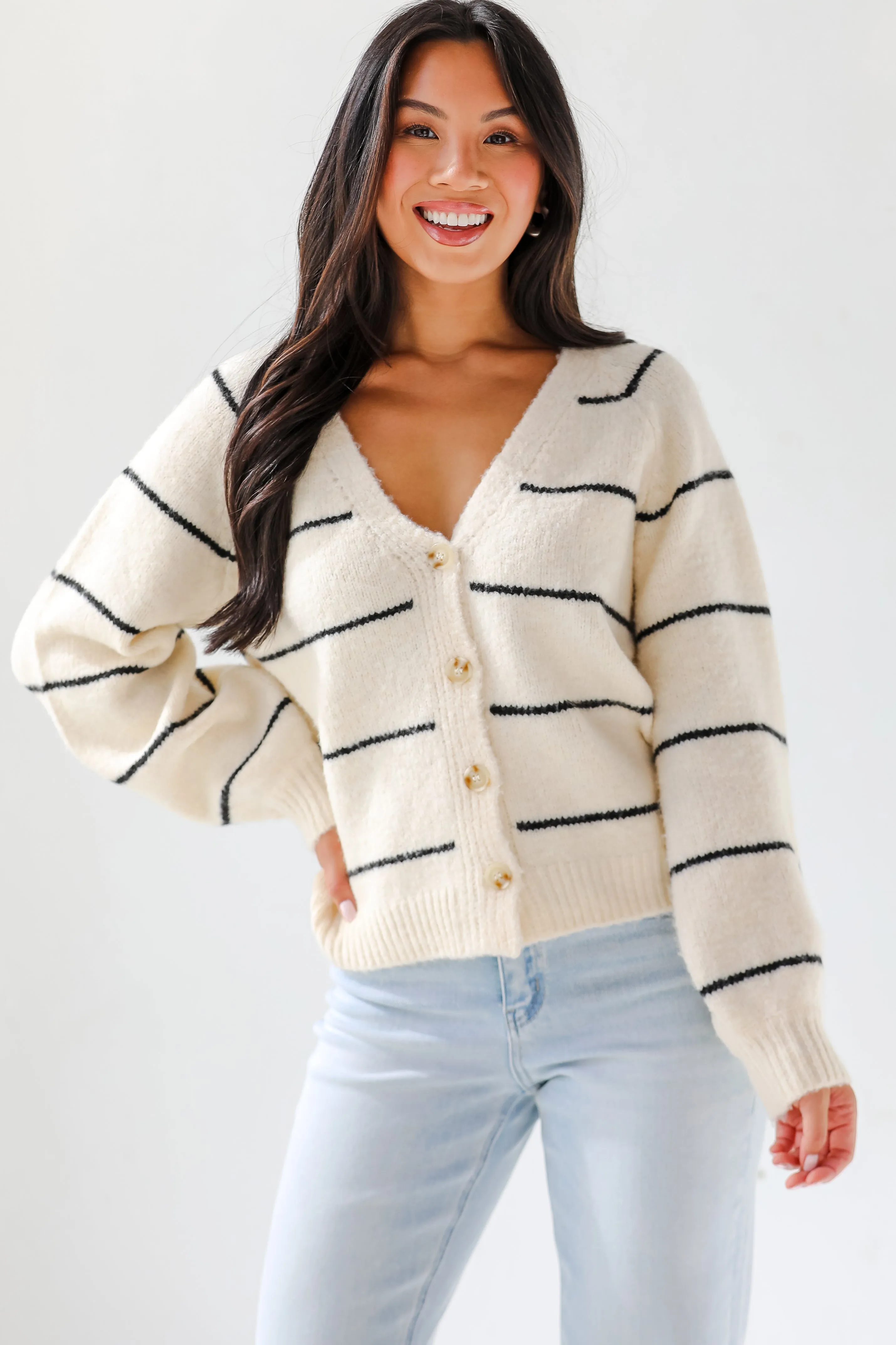 Effortlessly Lavish Cream Striped Sweater Cardigan