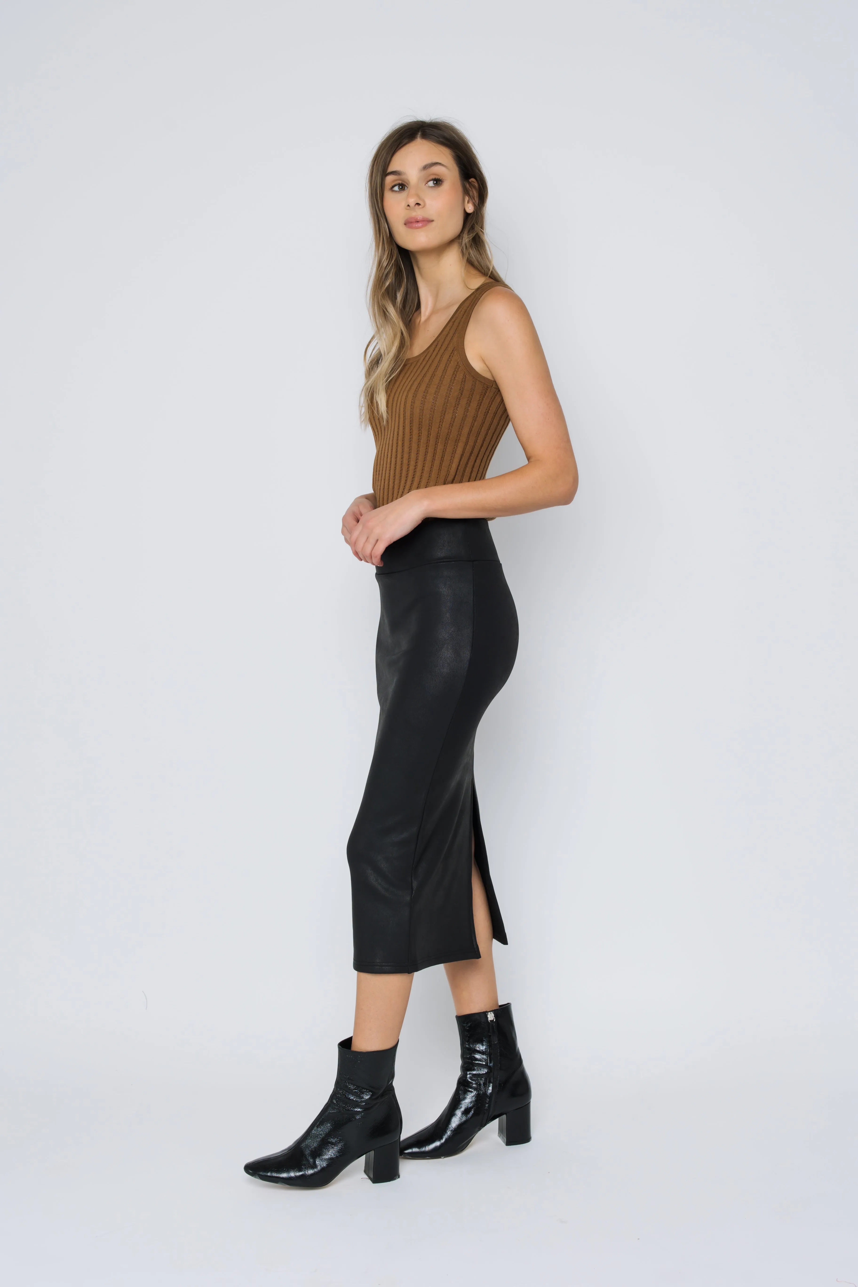 Erin-Faux Leather Midi Skirt