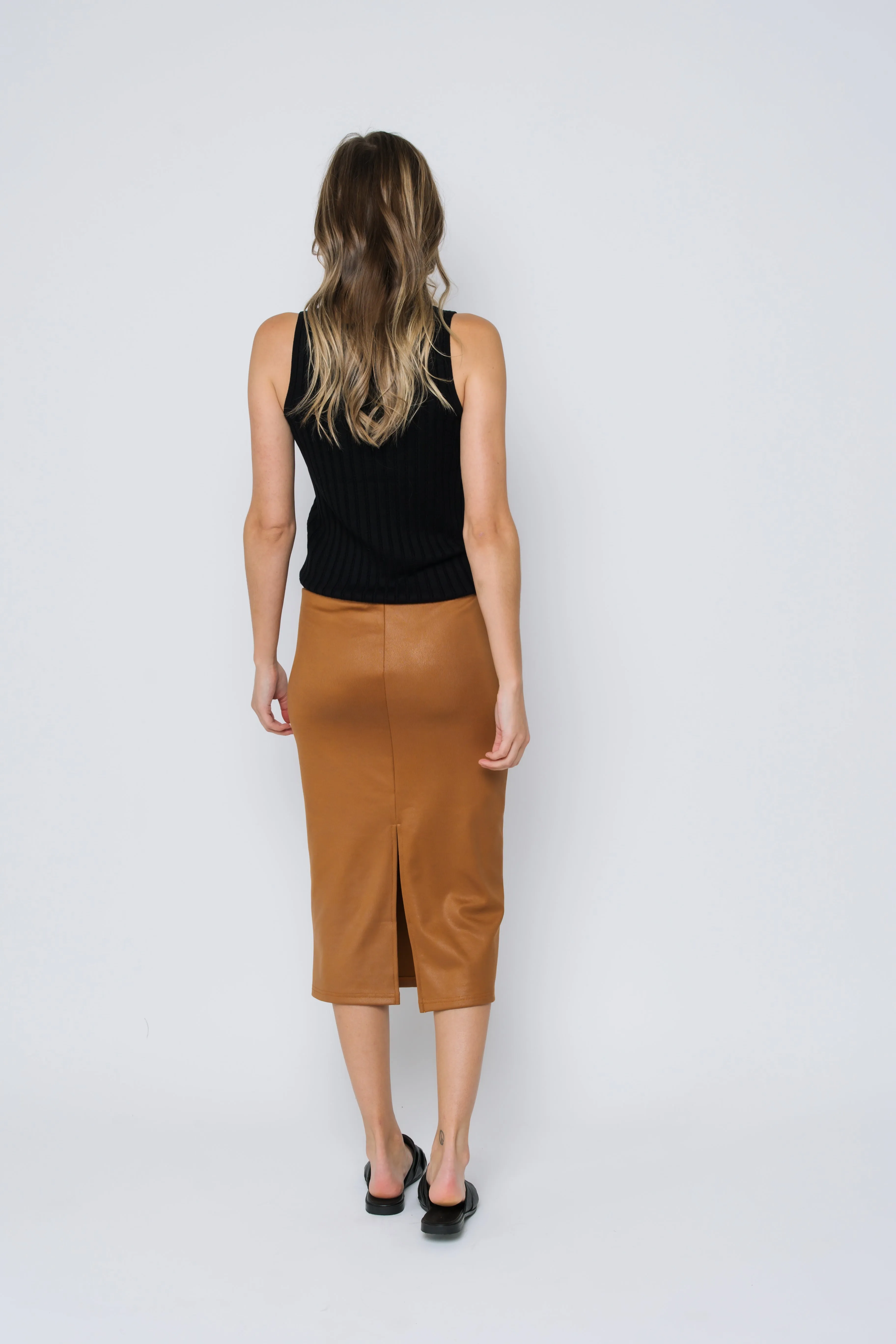 Erin-Faux Leather Midi Skirt