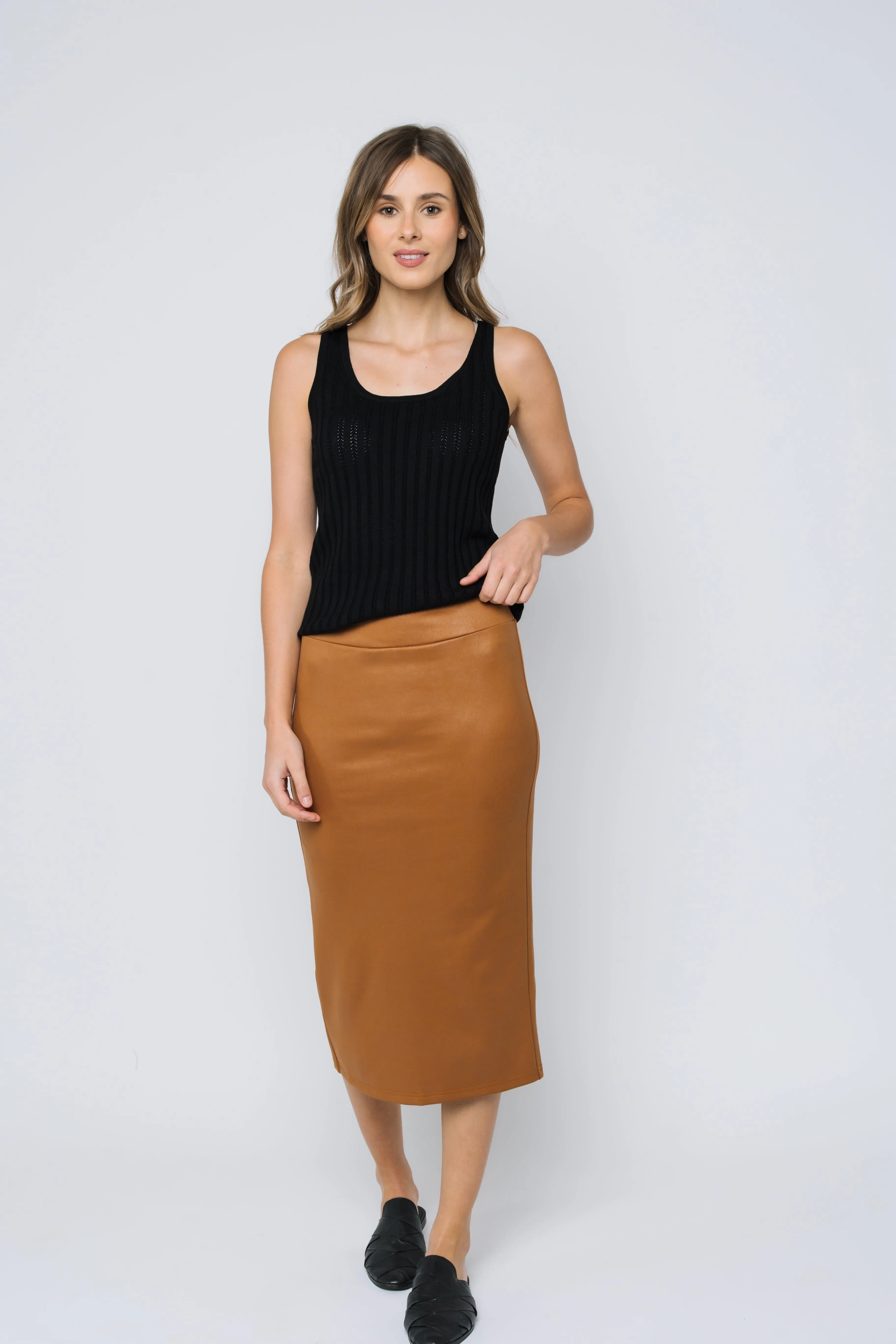 Erin-Faux Leather Midi Skirt