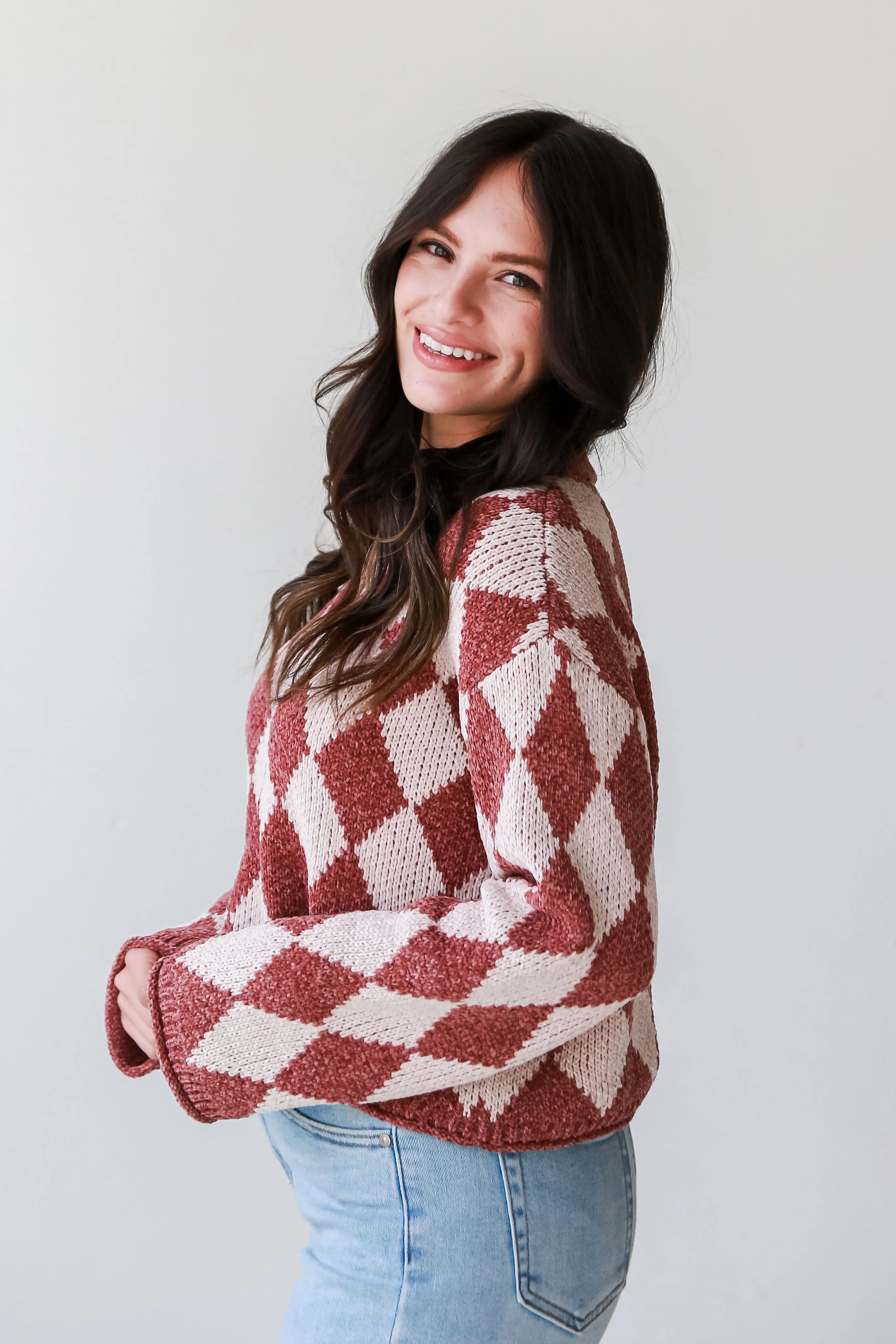 FINAL SALE - Stylish Outlook Brown Argyle Chenille Sweater