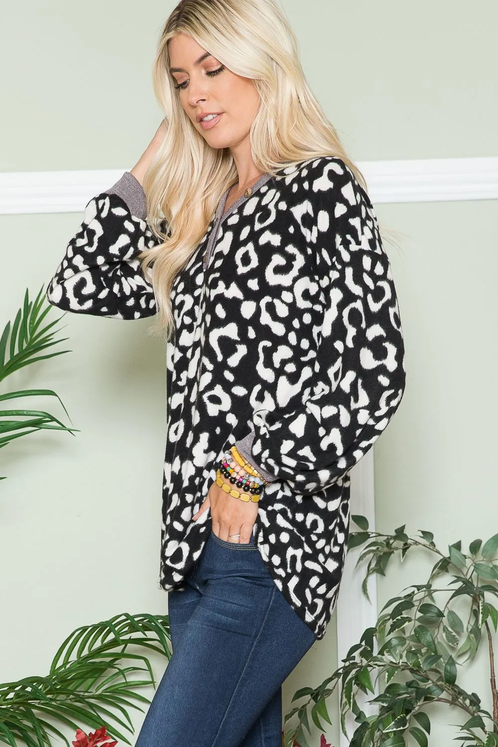 Full Size Leopard V-Neck Long Sleeve Blouse