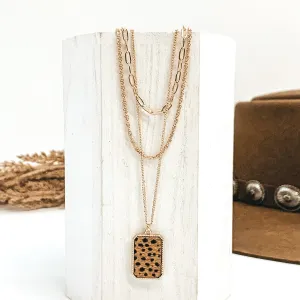 Gold Multi Chain Necklace with a Rectangle Pendant in Brown Dotted Print