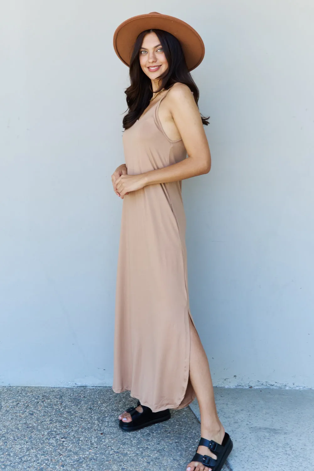 Good Energy Full Size Cami Side Slit Maxi Dress in Camel