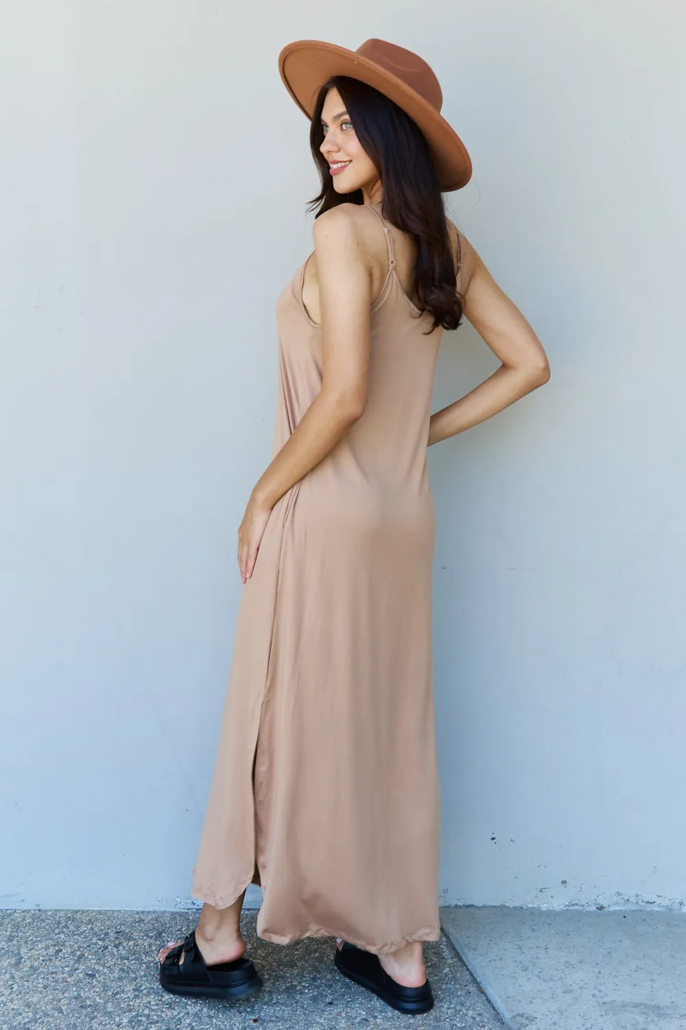 Good Energy Full Size Cami Side Slit Maxi Dress in Camel