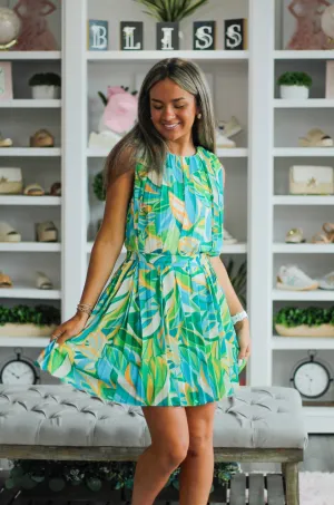 Green Palm Leaf Pleated Dress