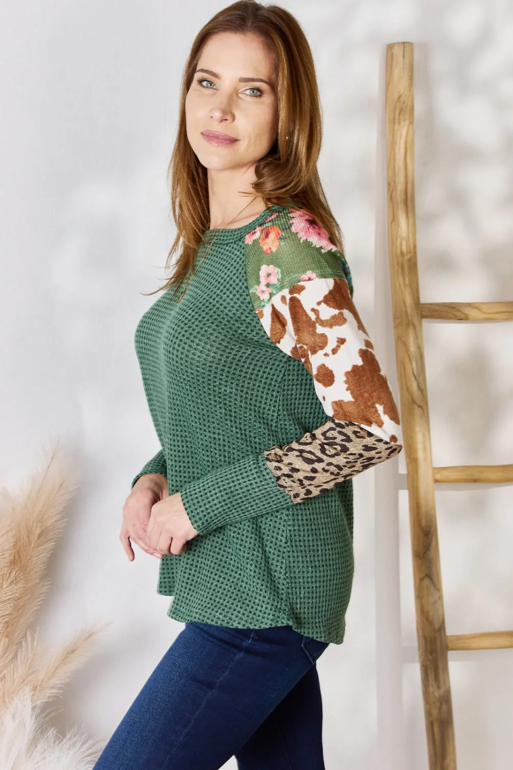 Hailey & Co Full Size Waffle-Knit Leopard Blouse