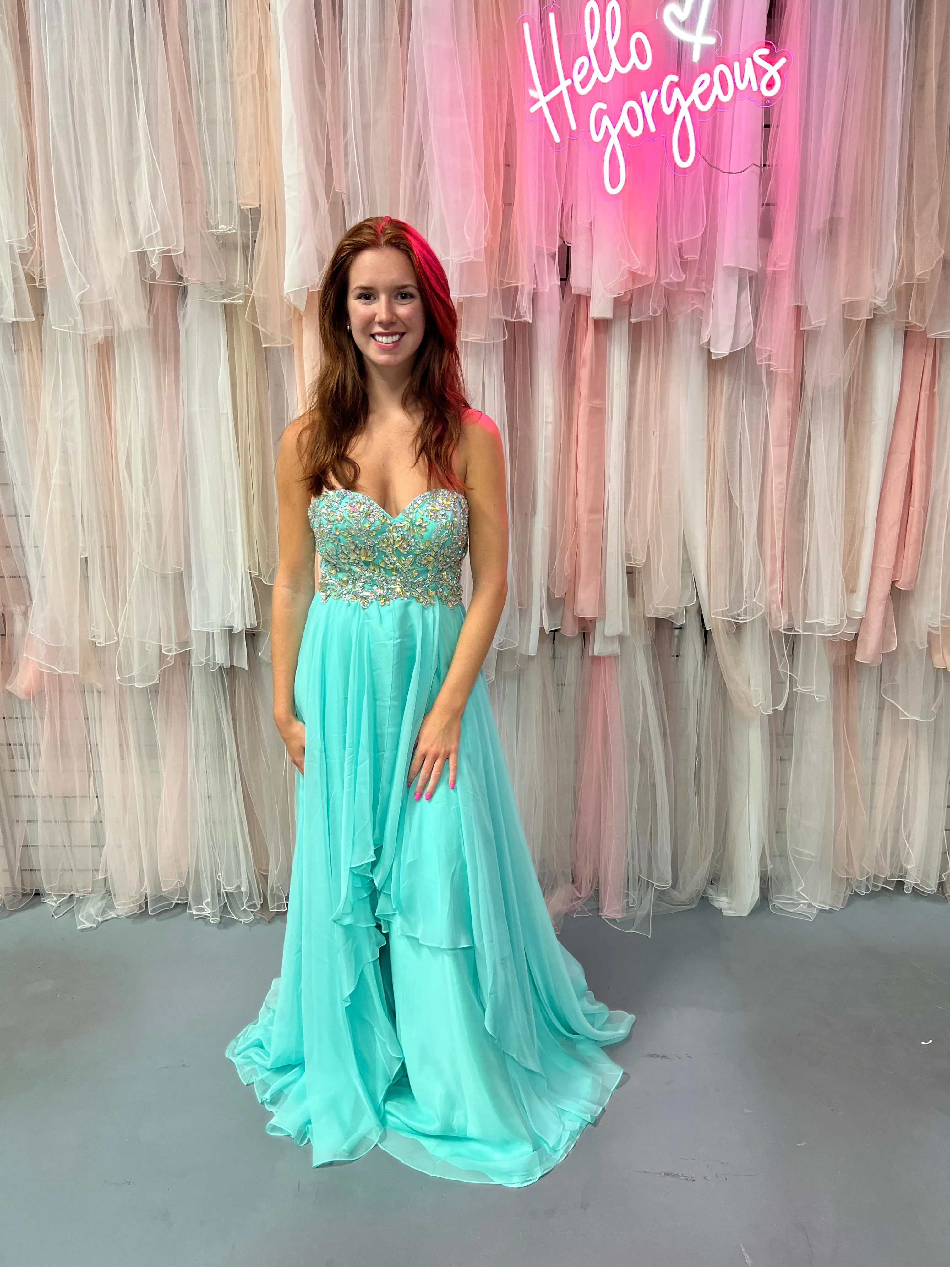 JVN by Jovani 93709 Mint Sweetheart Layered Chiffon Dress