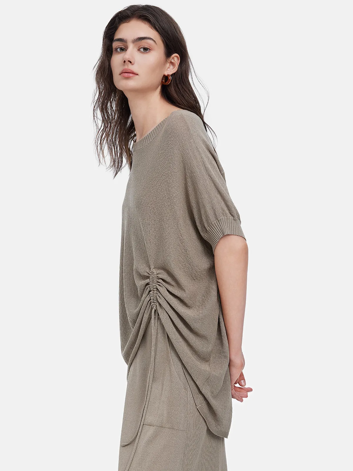 Knit Ruched Batwing Sleeve Tee