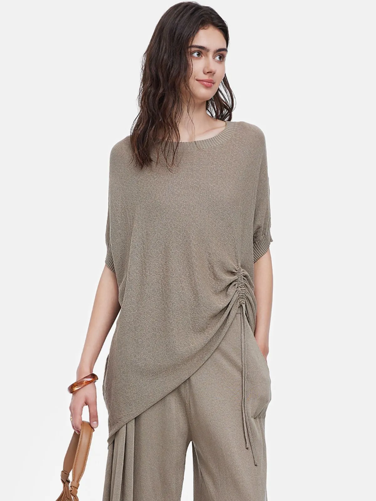 Knit Ruched Batwing Sleeve Tee