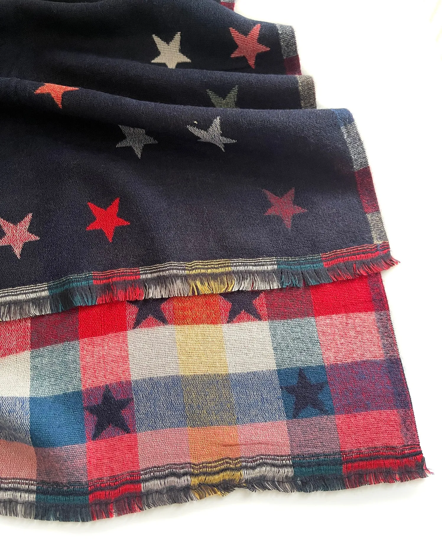 LARGE NAVY BLUE STAR PRINT REVERSIBLE WINTER SHAWL BLANKET SCARF