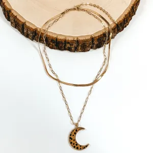 Layered Herringbone Chain Necklace in Gold Tone with Moon Pendant in Brown Dotted Print