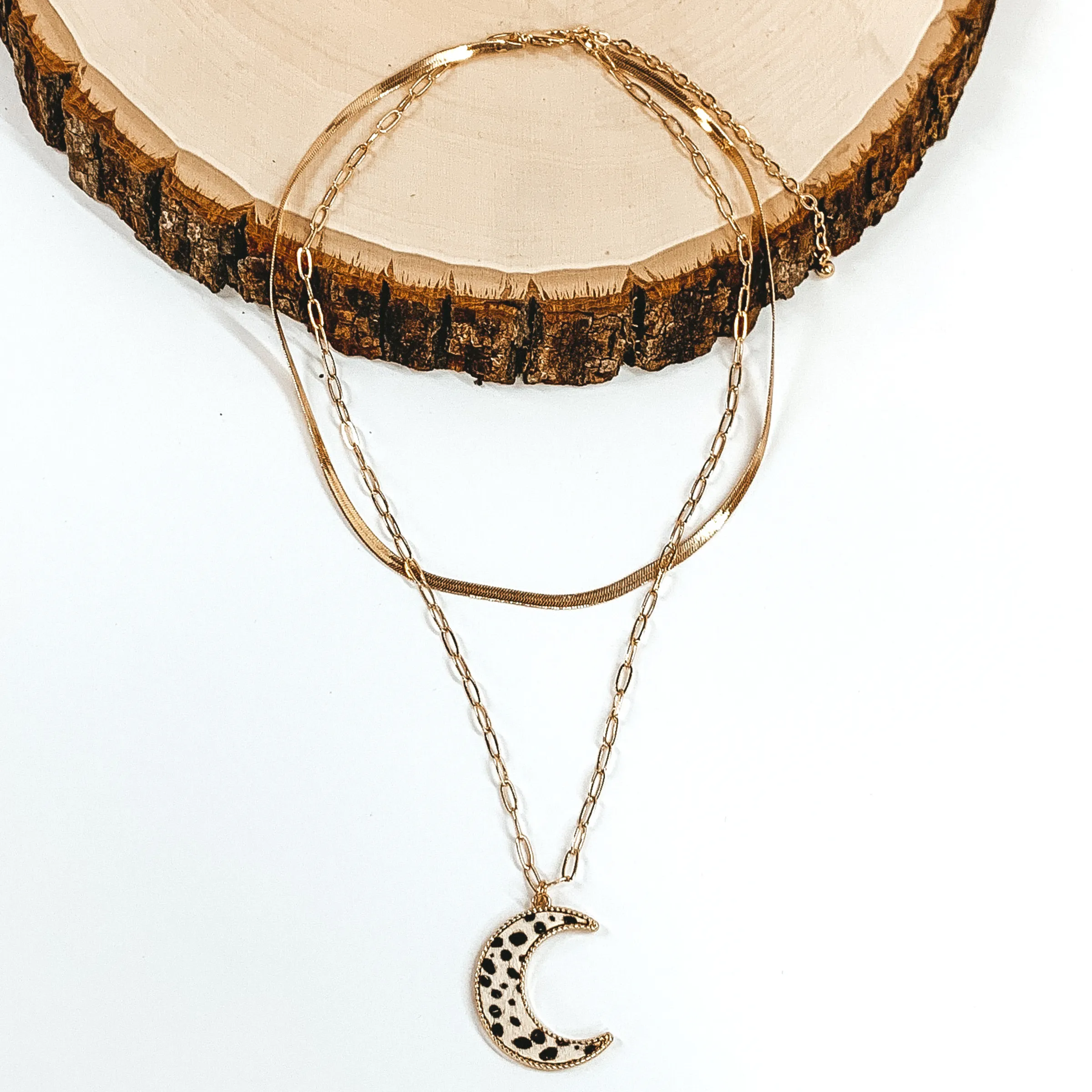 Layered Herringbone Chain Necklace in Gold Tone with Moon Pendant in White Dotted Print