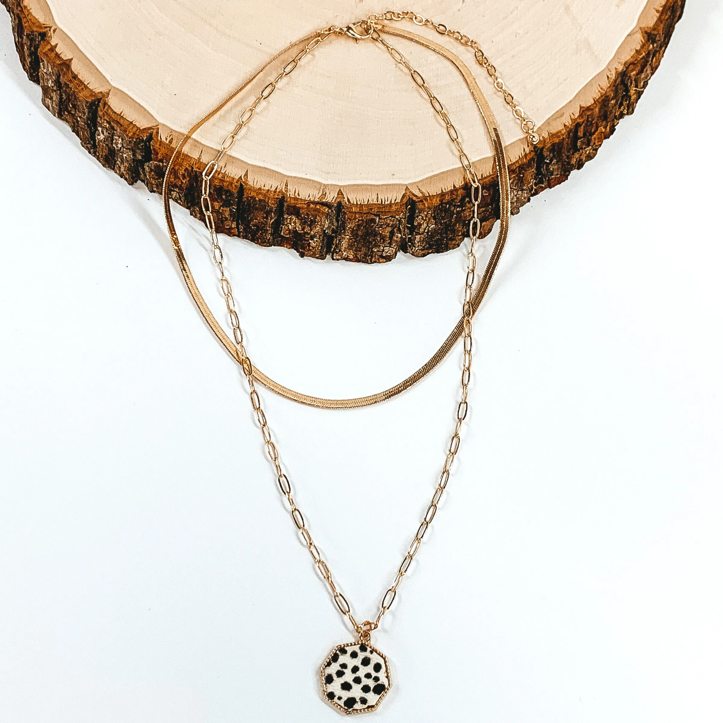 Layered Herringbone Chain Necklace in Gold Tone with Octagon Pendant in White Dotted Print