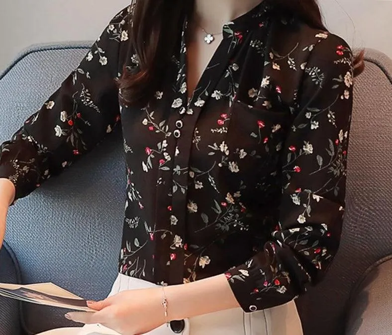 Long sleeve print shirt Fashion women blouse chiffon