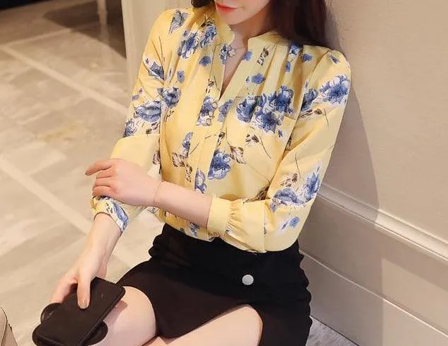 Long sleeve print shirt Fashion women blouse chiffon