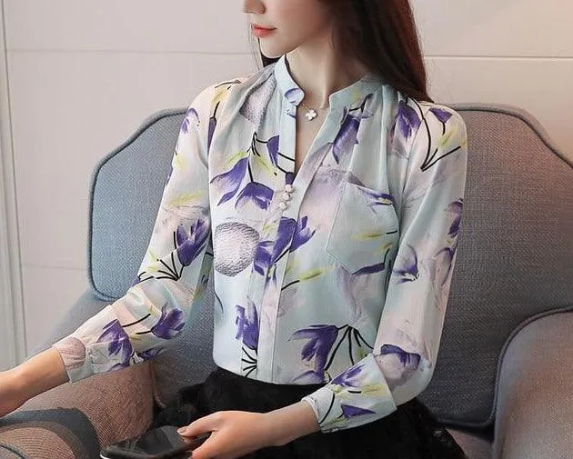 Long sleeve print shirt Fashion women blouse chiffon