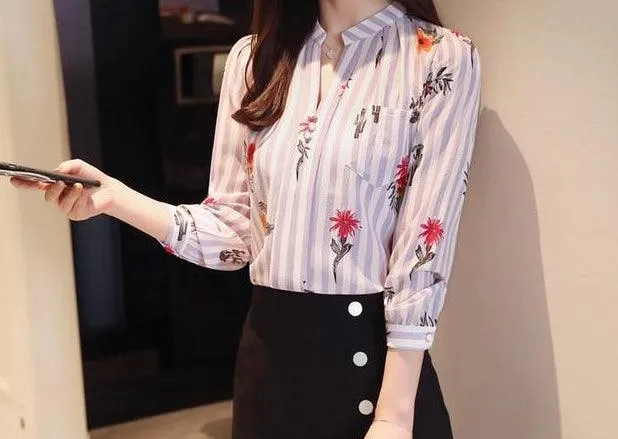 Long sleeve print shirt Fashion women blouse chiffon