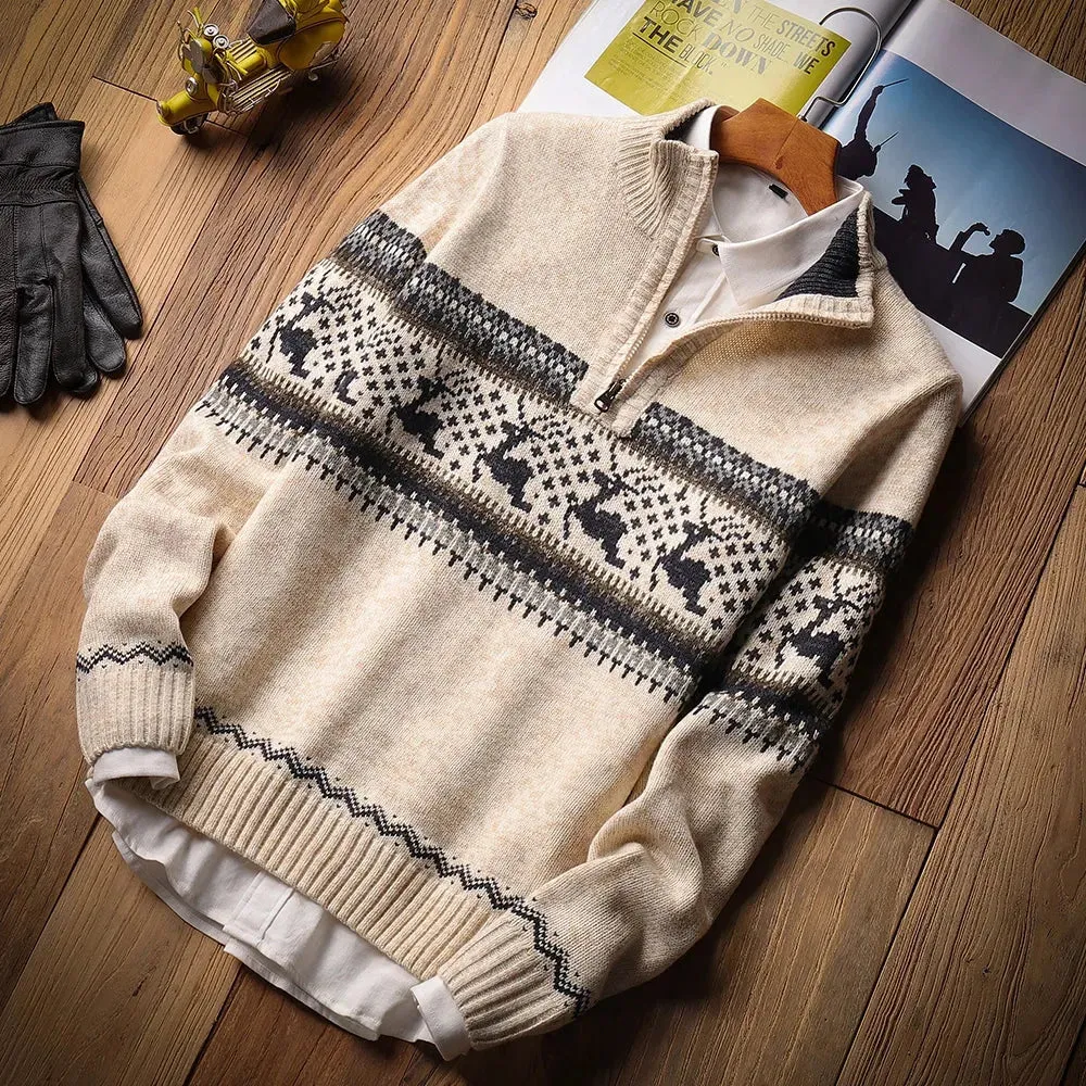 Men's Retro Jacquard Half Zip Sweater Cardigan