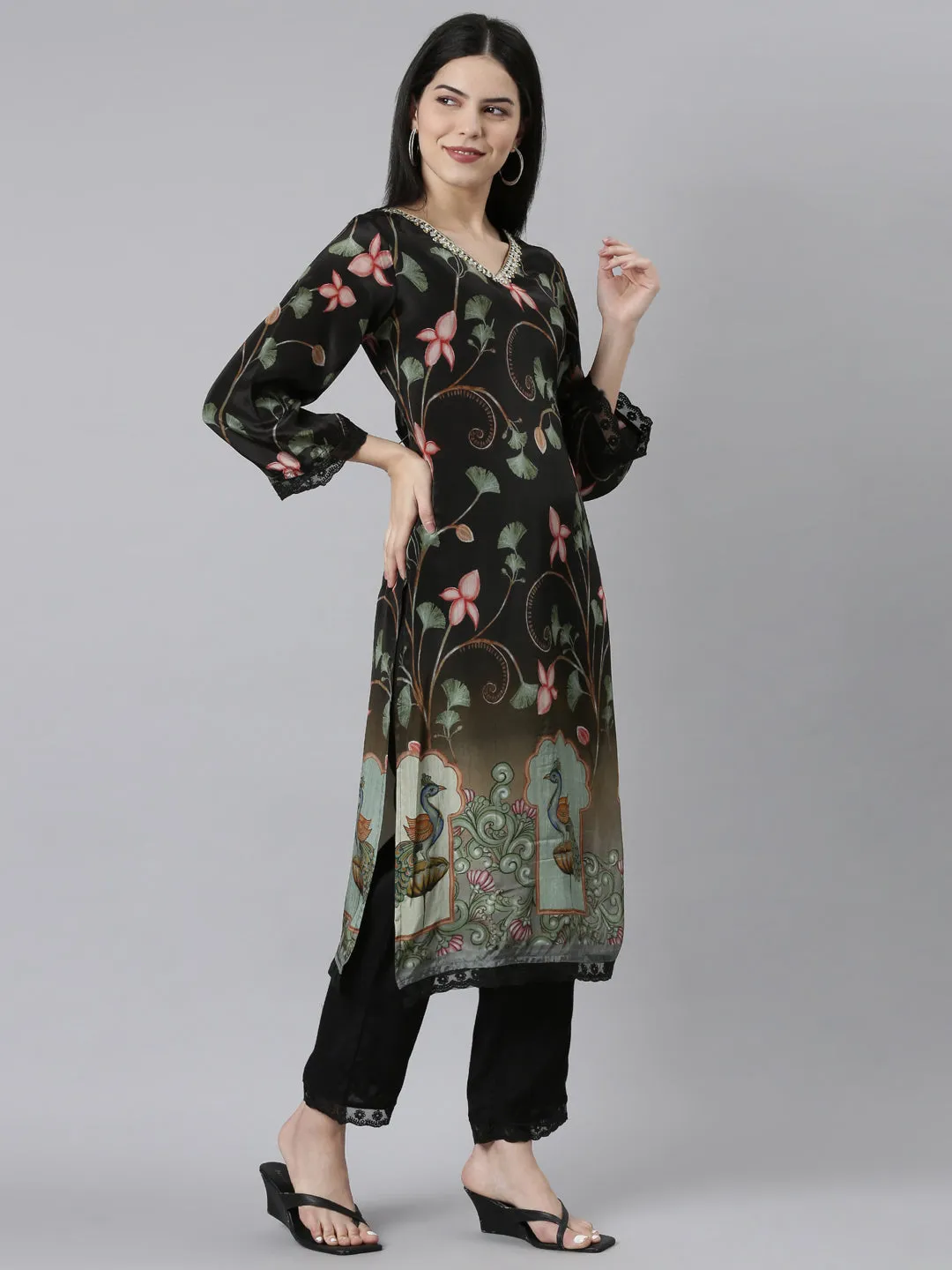 Neeru's Black Regular Straight Floral Kurta And Trousers With Dupatta