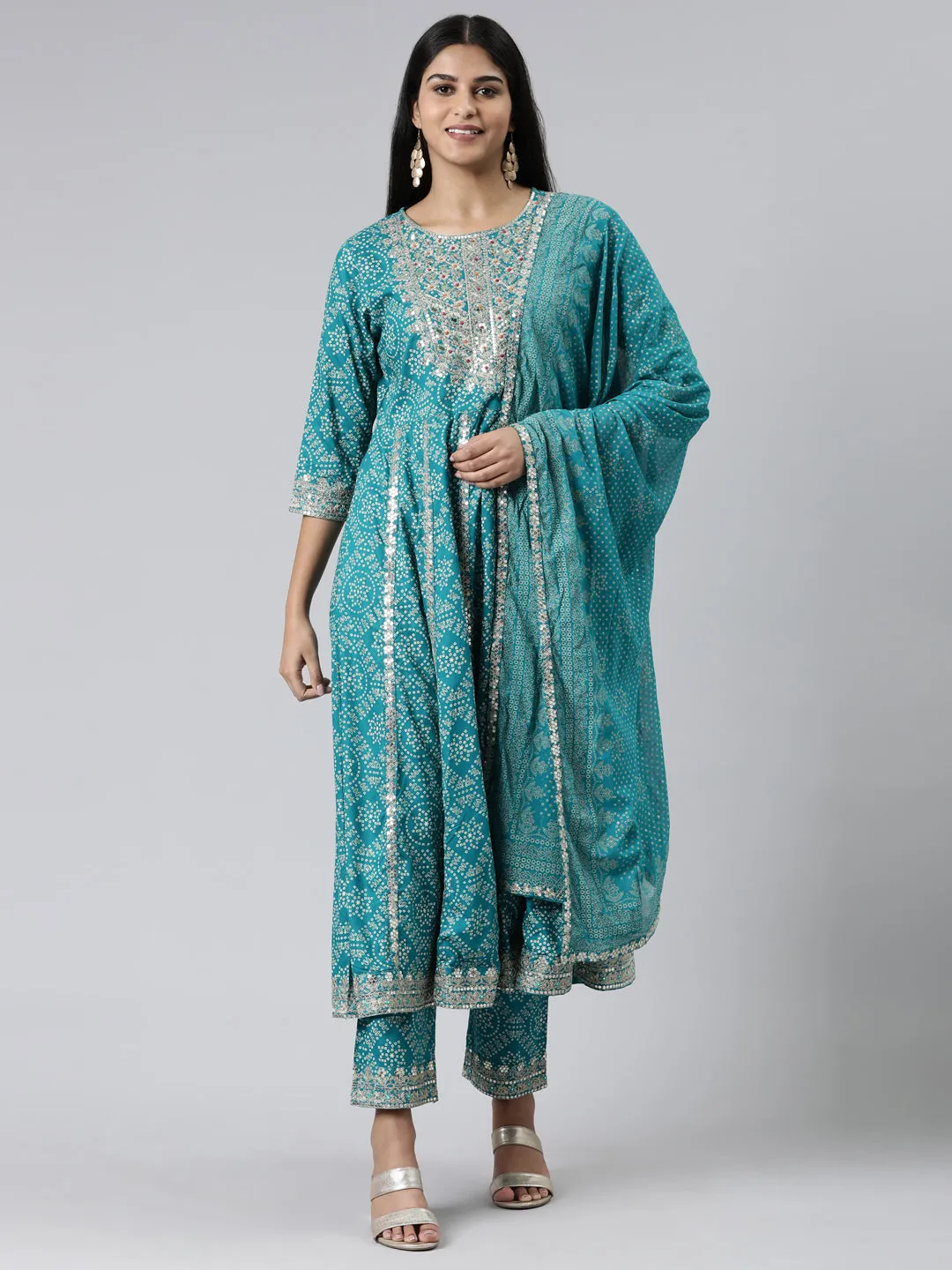 Neeru's Blue Regular Calf Length Printed Readymade Suits