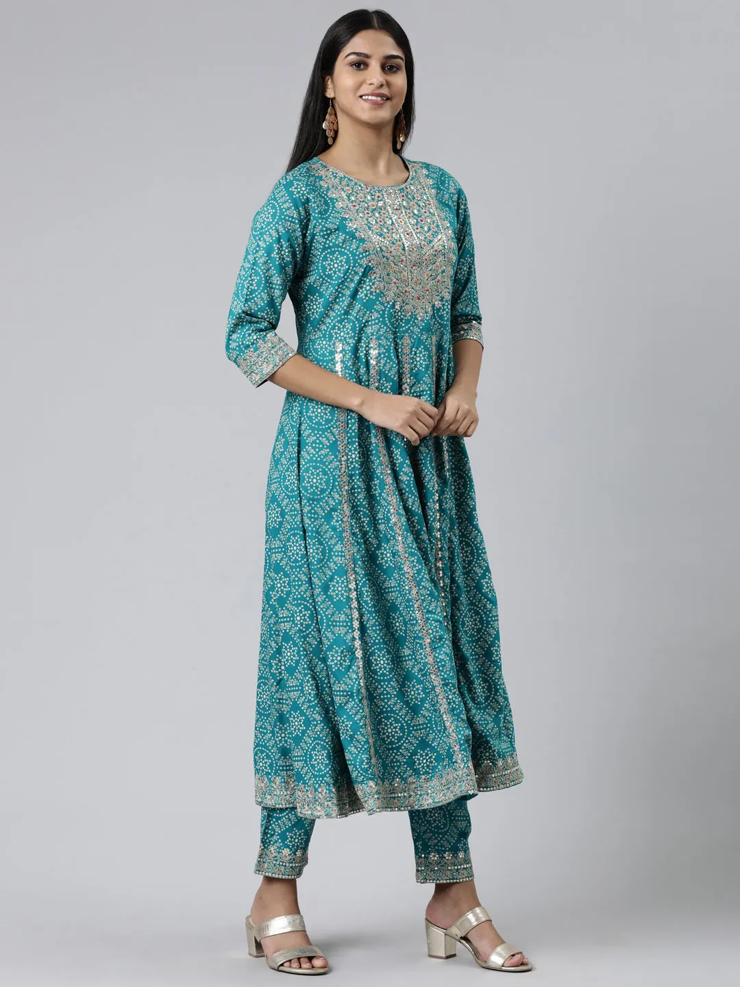 Neeru's Blue Regular Calf Length Printed Readymade Suits