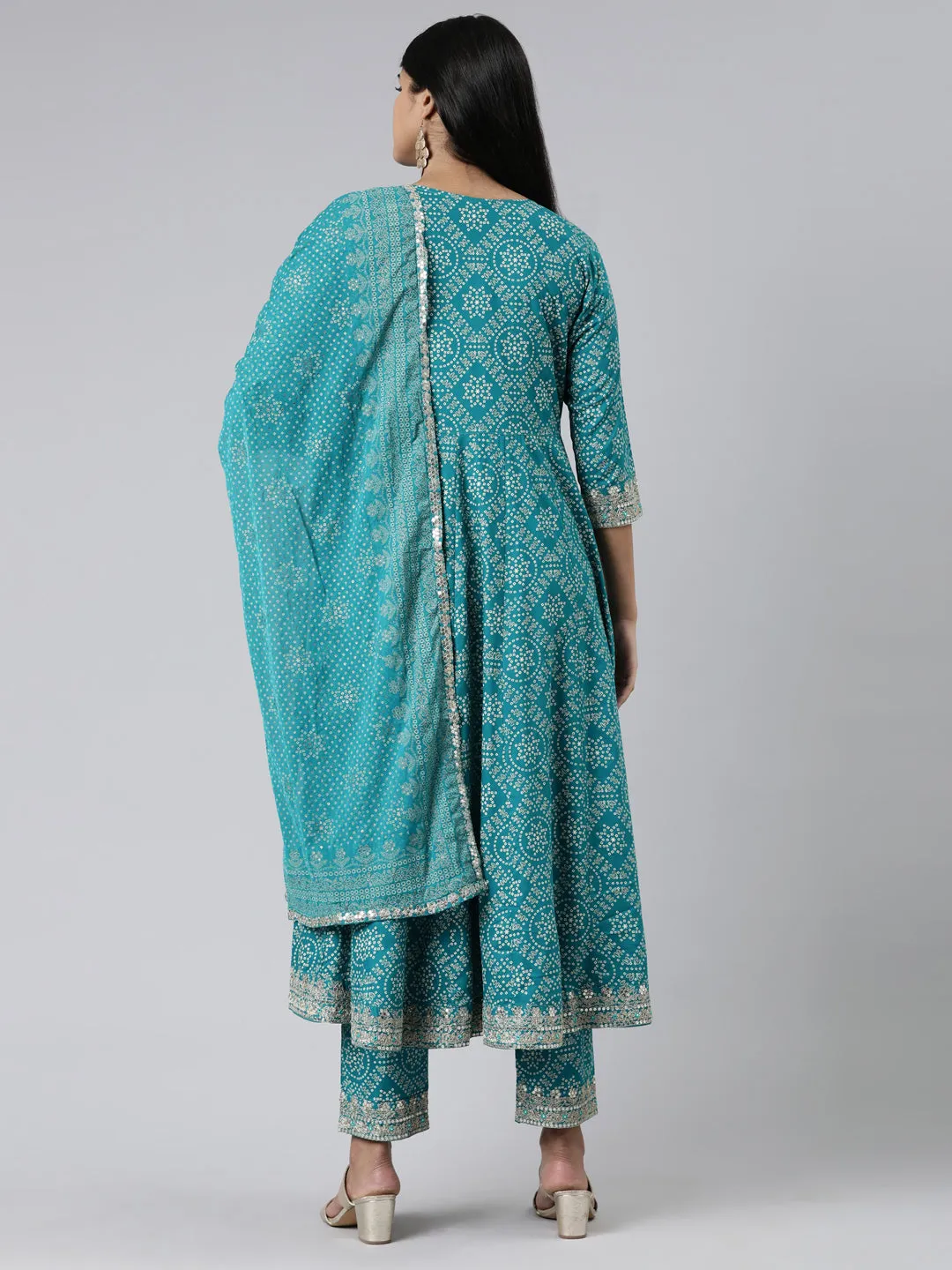 Neeru's Blue Regular Calf Length Printed Readymade Suits