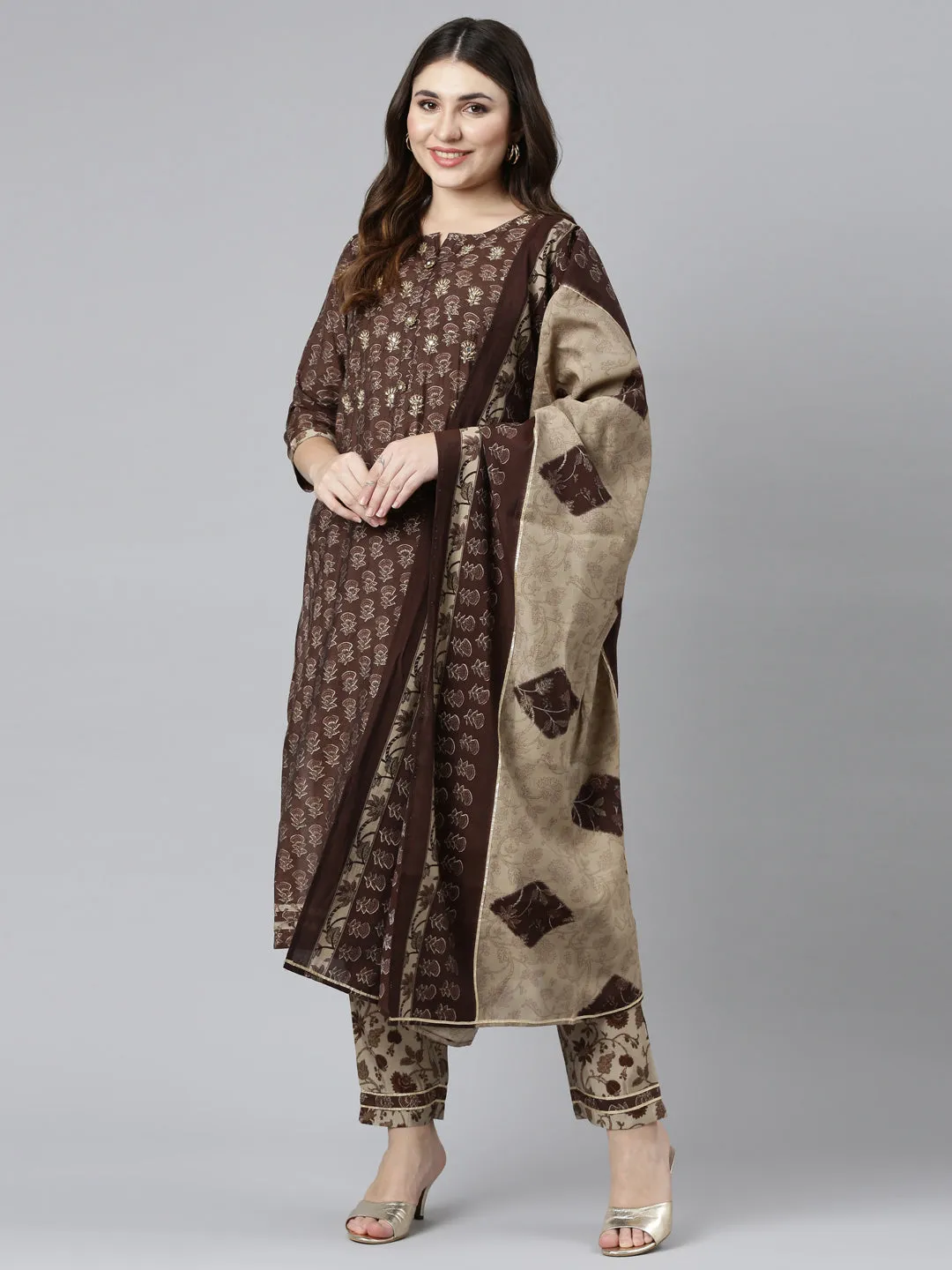 Neeru's Brown Regular Straight Printed Readymade suits