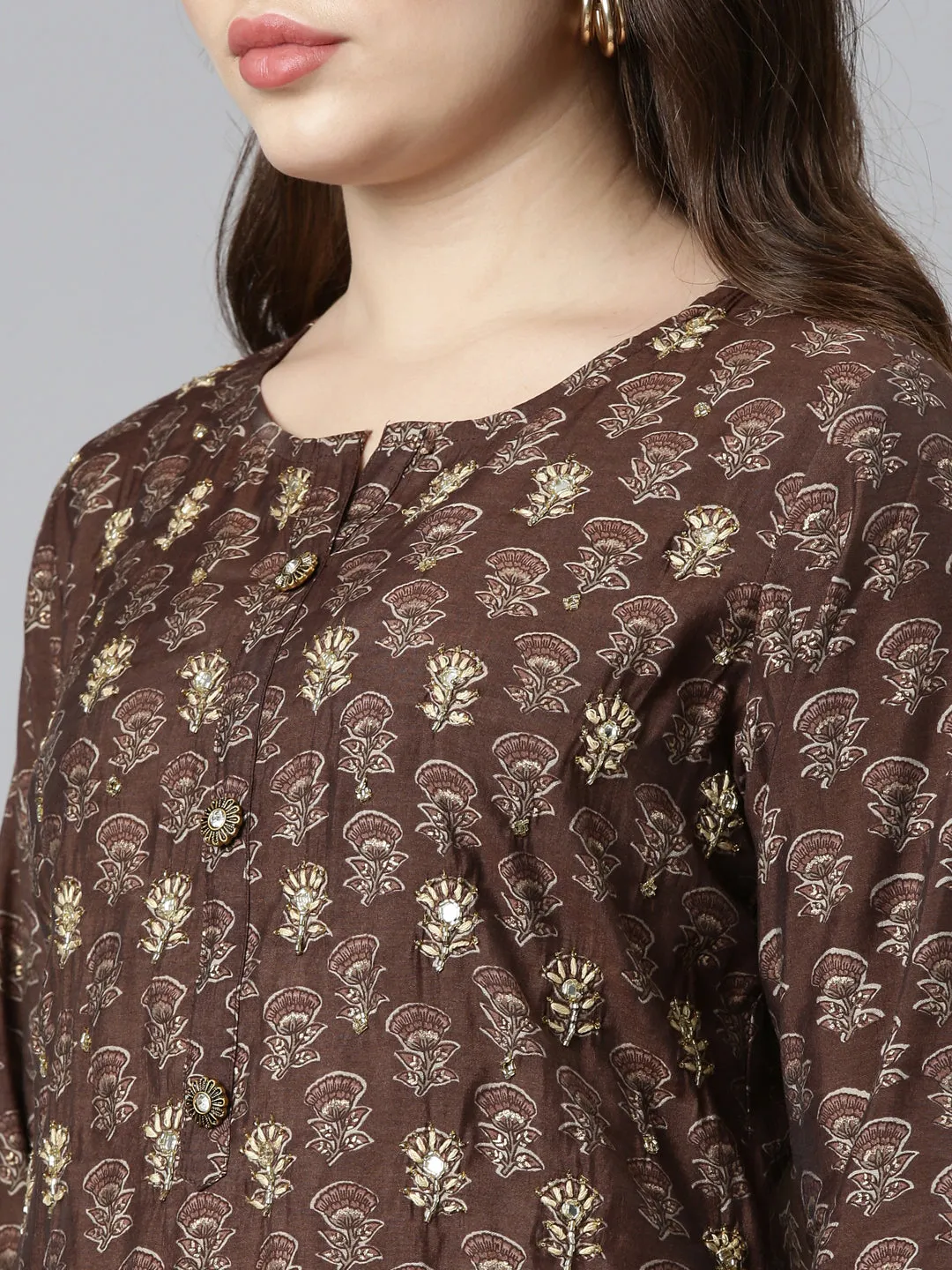 Neeru's Brown Regular Straight Printed Readymade suits