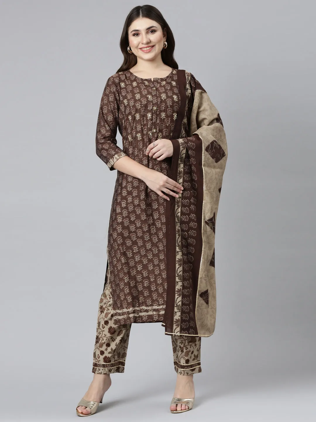 Neeru's Brown Regular Straight Printed Readymade suits