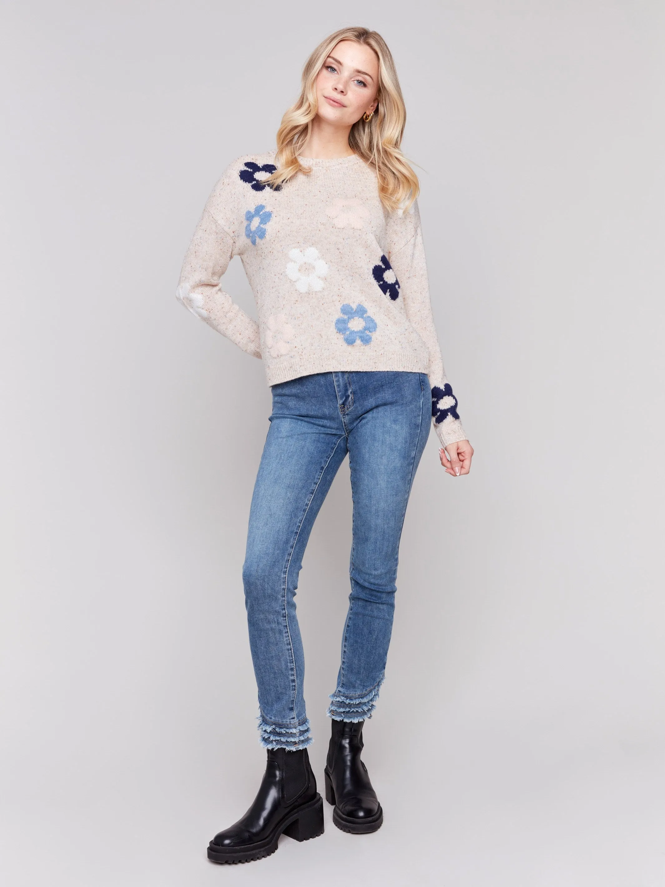 Nep Yarn Sweater with Flowers - Truffle