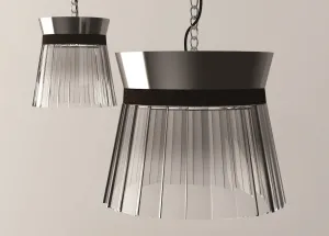 Nickel or bronze pleated glass pendant light in 2 sizes with coloured leather "belt"