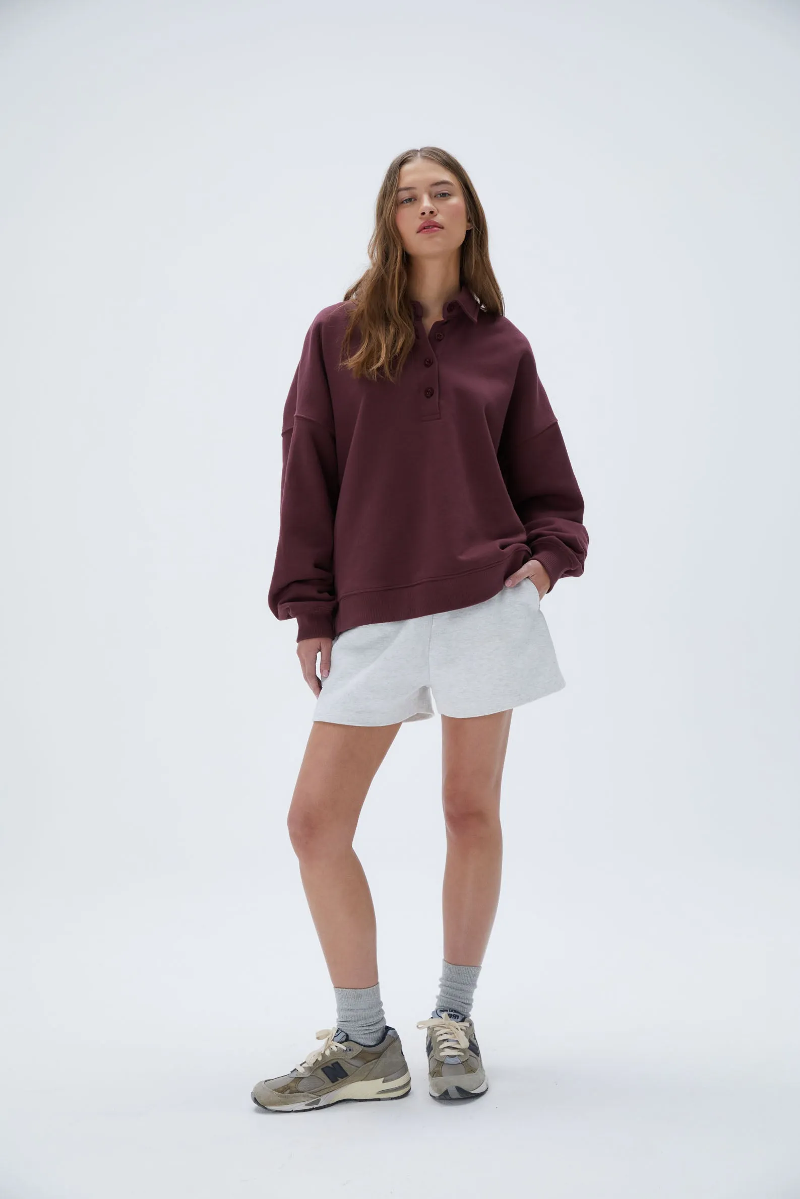 Oversized Button Up Sweatshirt - Burgundy