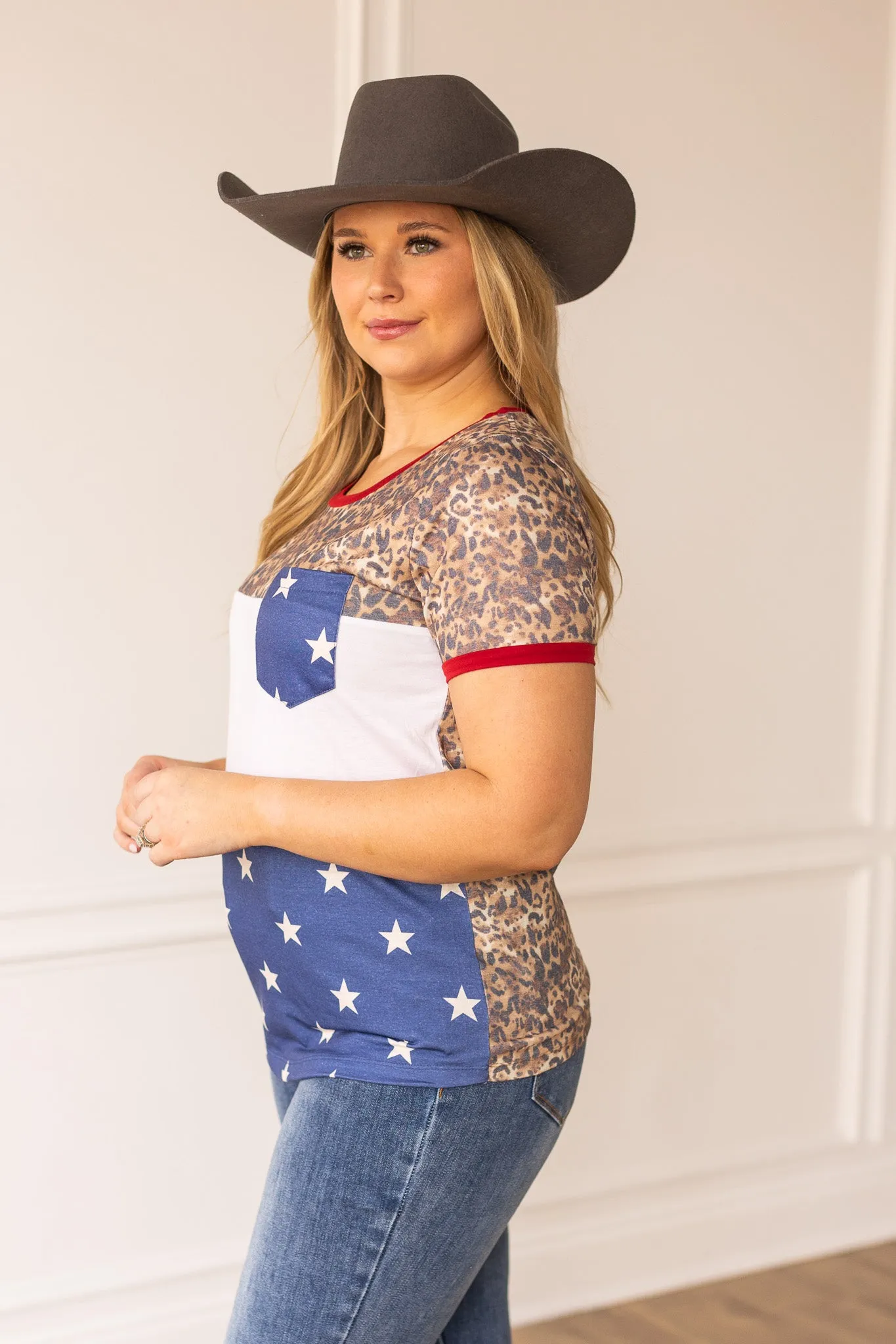 Party Like Its 1776 Pocket Tee, Vintage Leopard and Stars