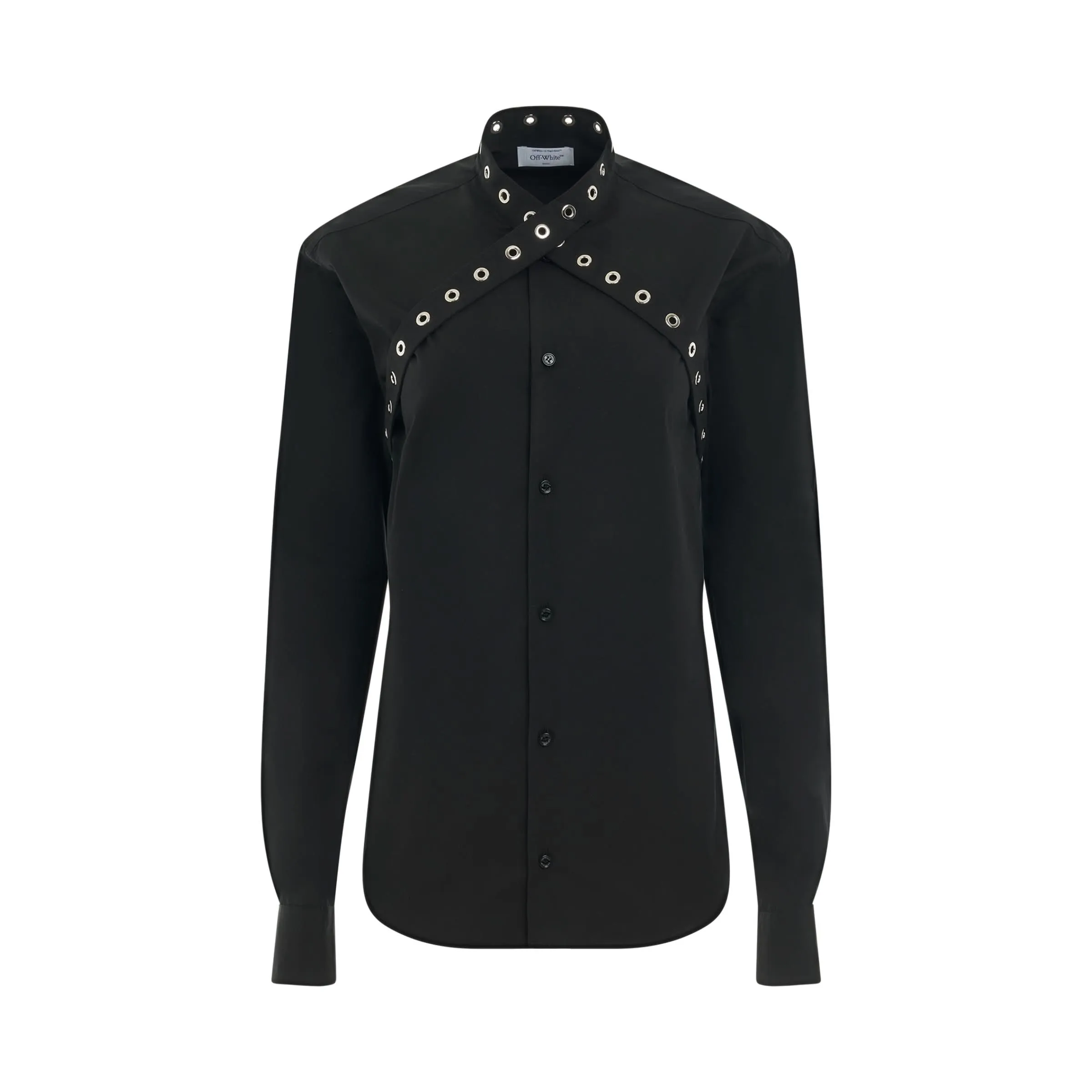 Poplin Belt Eyelets Cross Shirt in Black